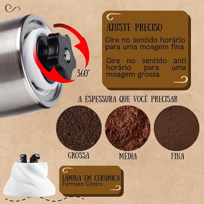 Moedor de café Inox CoffeGrind Manual c/ Ajuste